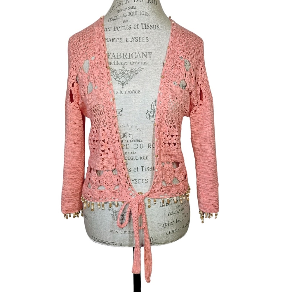 Soft Surroundings Crochet Cardigan Womens Lg Pink Beaded Open Knit Beachy Boho